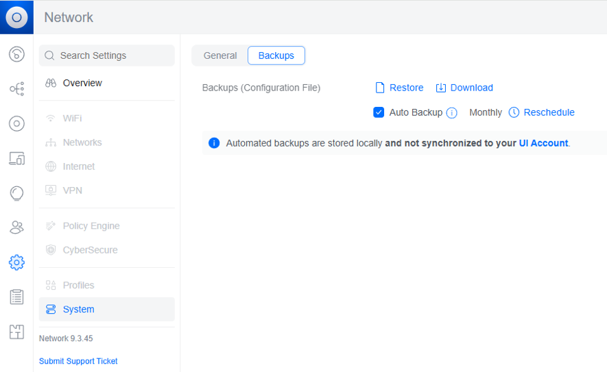 UniFi控制器备份设置页面