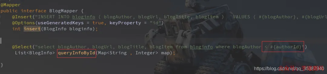 Mapper 方法截图:高亮 `#{authorId}` 占位符