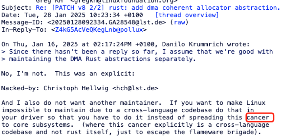 Christoph Hellwig发表“癌症”言论的邮件截图