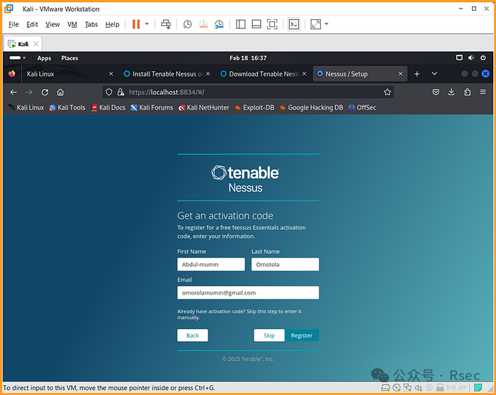 填写Nessus激活码注册信息