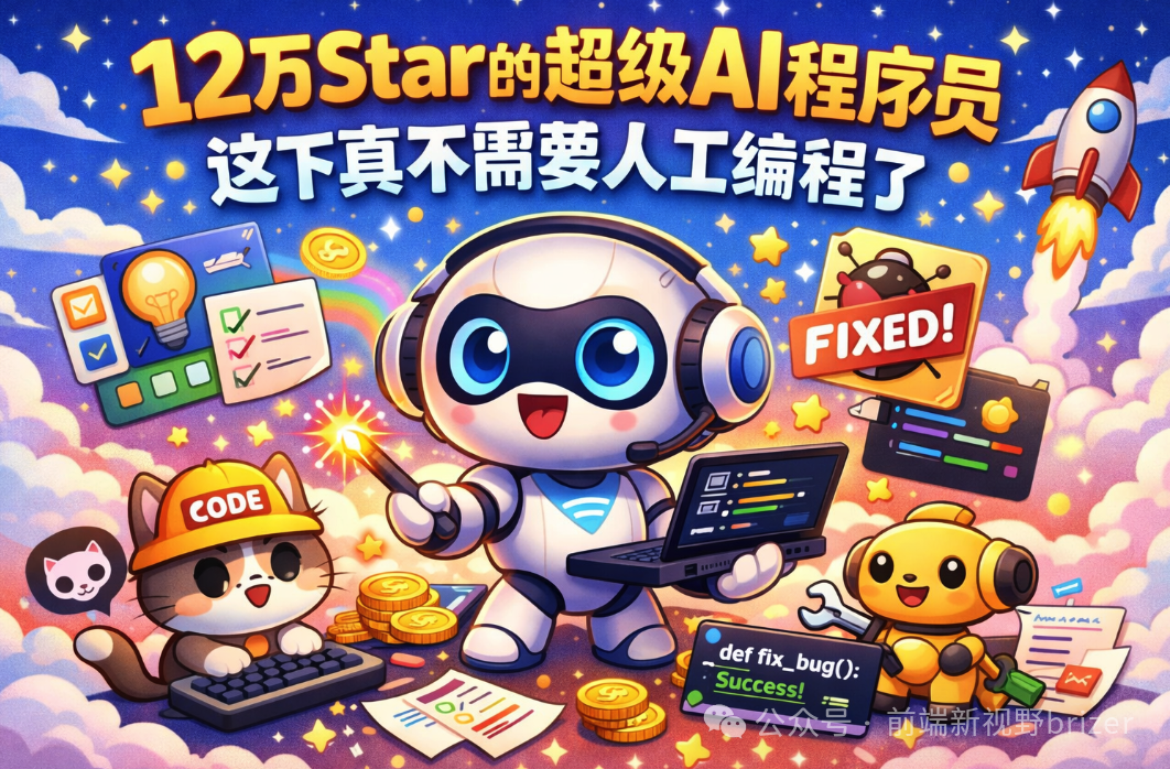 Superpowers 项目概念插画:星空背景下的AI程序员机器人正在施法,猫咪在旁敲代码