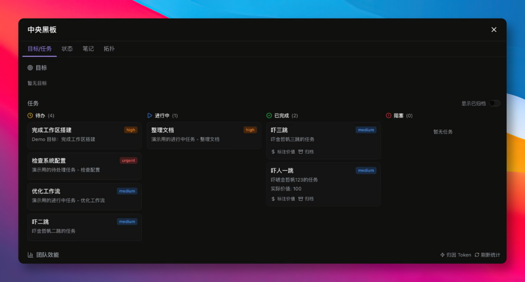 中央黑板任务管理界面，展示待办、进行中、已完成等状态