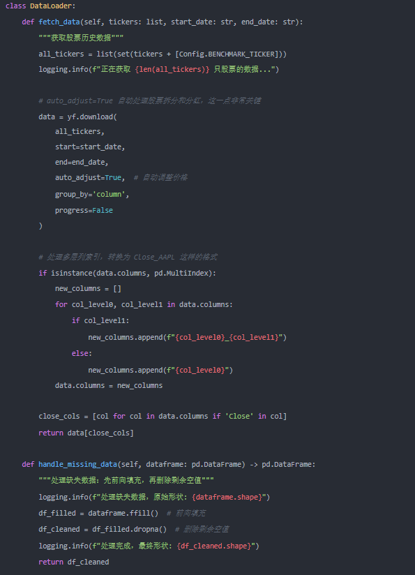 DataLoader 类代码截图：获取和处理股票数据