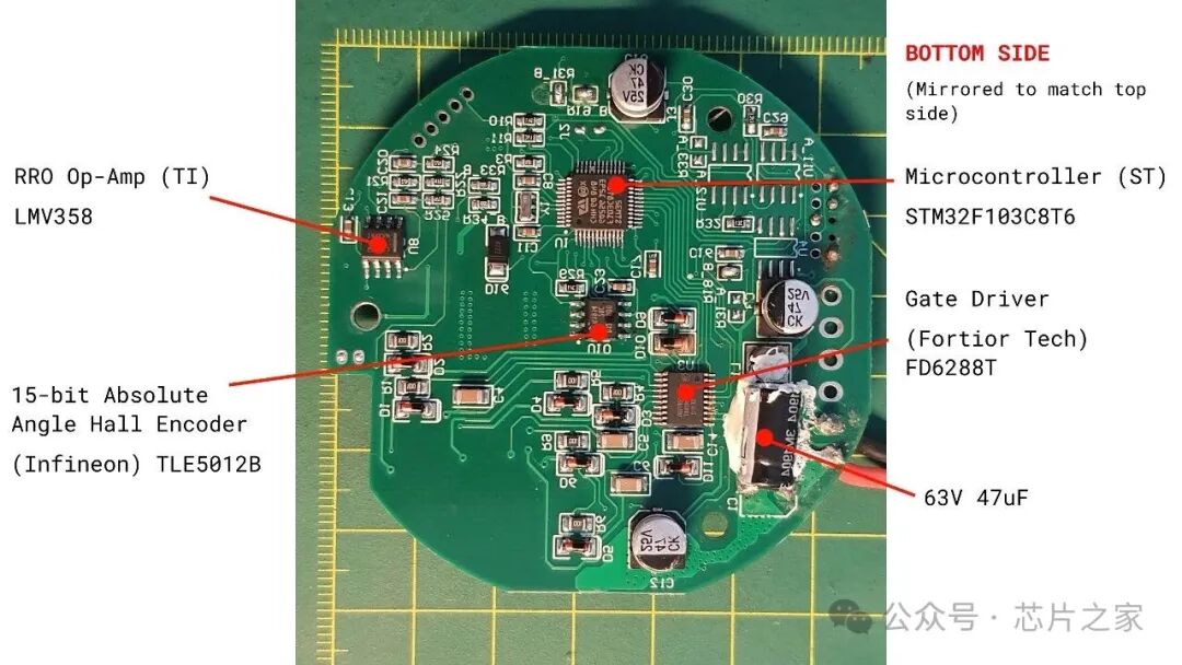 关节电机控制板底部视图及关键芯片标注