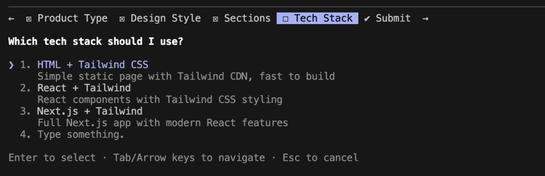 技术栈选择界面,提供HTML+Tailwind、React+Tailwind等选项