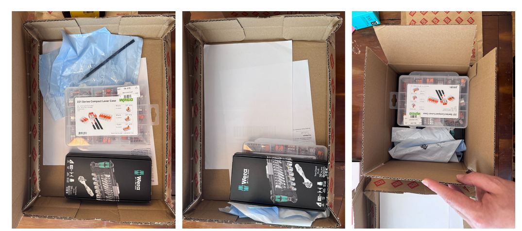 打开的纸箱内部，内含工具和配件