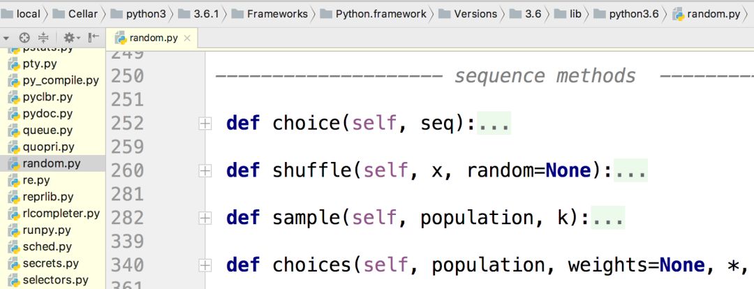 Python random模块源码截图，展示choice、shuffle、sample等函数定义
