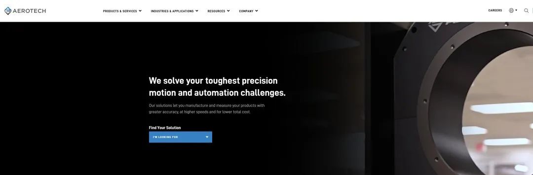 Aerotech 官方网站首页截图，展示精密运动与自动化解决方案