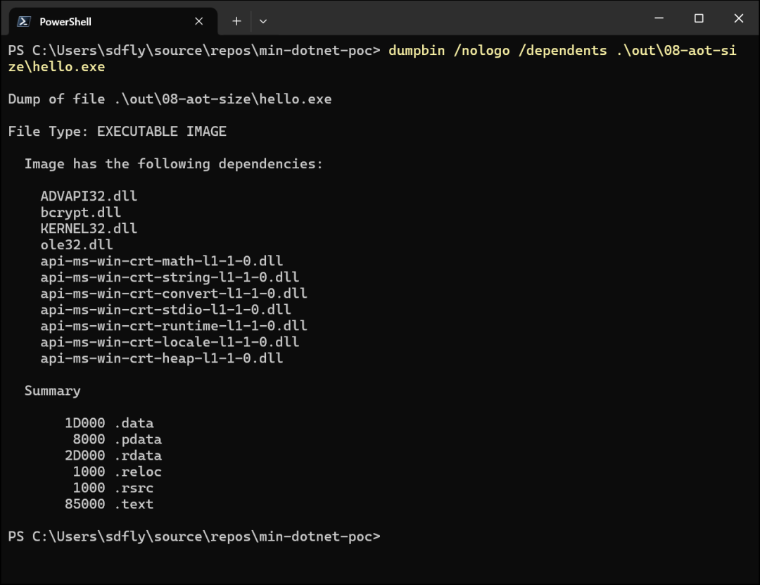 dumpbin 查看 748KB 版本 hello.exe 的依赖项