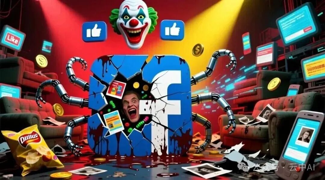 象征Facebook被侵蚀的数字艺术插画