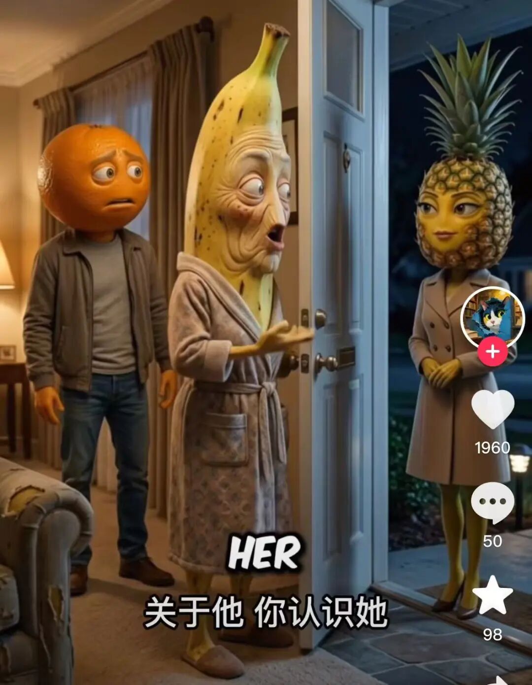 橘子大叔、香蕉婆婆与门外菠萝小姐对峙的室内场景