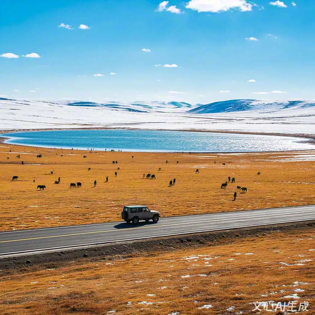 文心一言生成的草原风景，雪山湖泊与公路