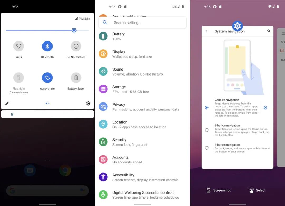 安卓11系统设置界面，展示快捷开关、设置菜单与导航方式