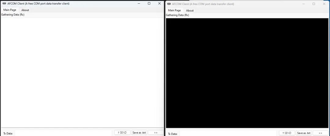 AFCOM Client 软件界面分屏对比，展示不同视图模式