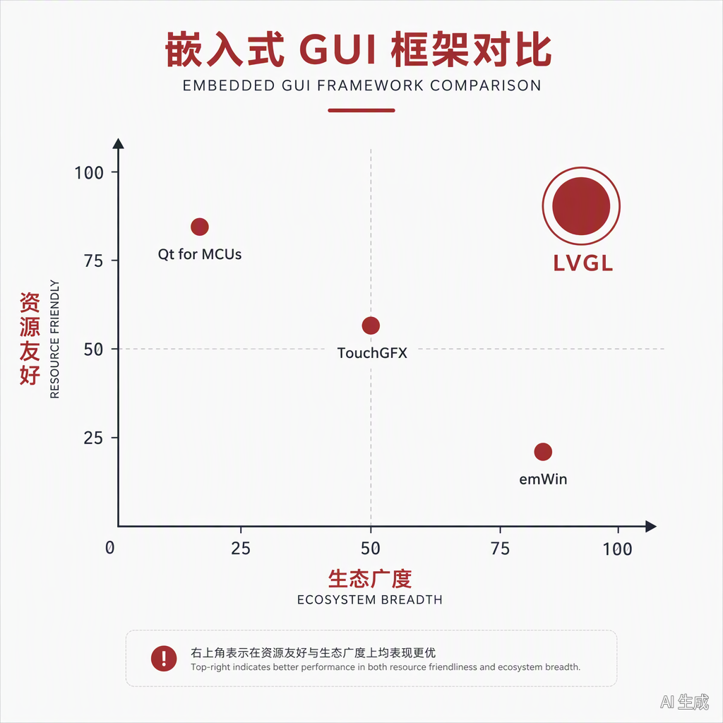 嵌入式 GUI 框架对比图:以资源友好度为纵轴、生态广度为横轴,LVGL 位于右上角