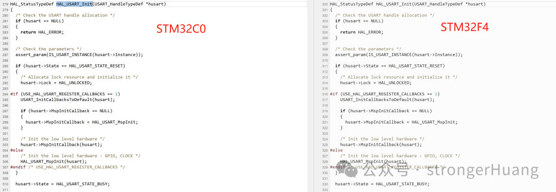STM32C0与STM32F4的HAL_USART_Init函数对比