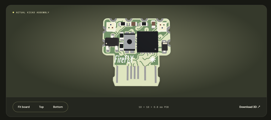 FireFLY 10mm×10mm Arduino兼容板 KiCad 3D组装示意图