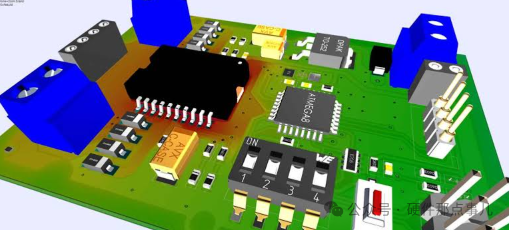 PCB 3D渲染图：ATMEGA48、DPAK封装与分散散热布局