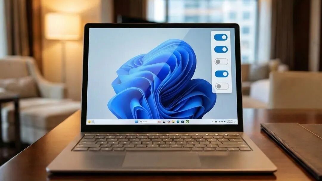运行Windows 11的笔记本电脑，屏幕上显示着类似手机风格的权限开关面板