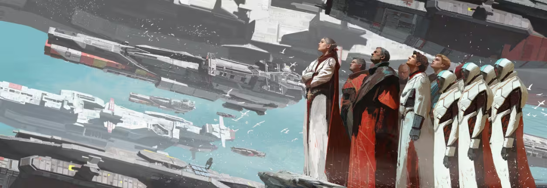 科幻舰队仰望星空的宏大插画