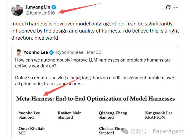 林俊旸社交媒体讨论及Meta-Harness论文信息截图