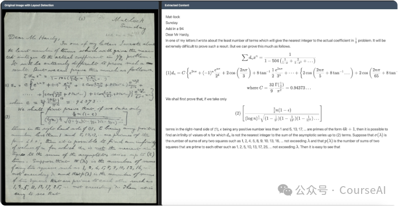 手写信件与复杂数学公式的识别示例