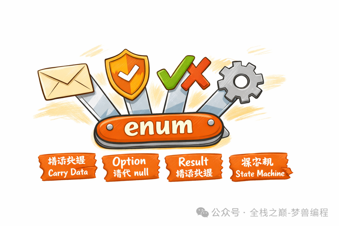 Rust枚举功能示意图：携带数据、Option、Result、状态机
