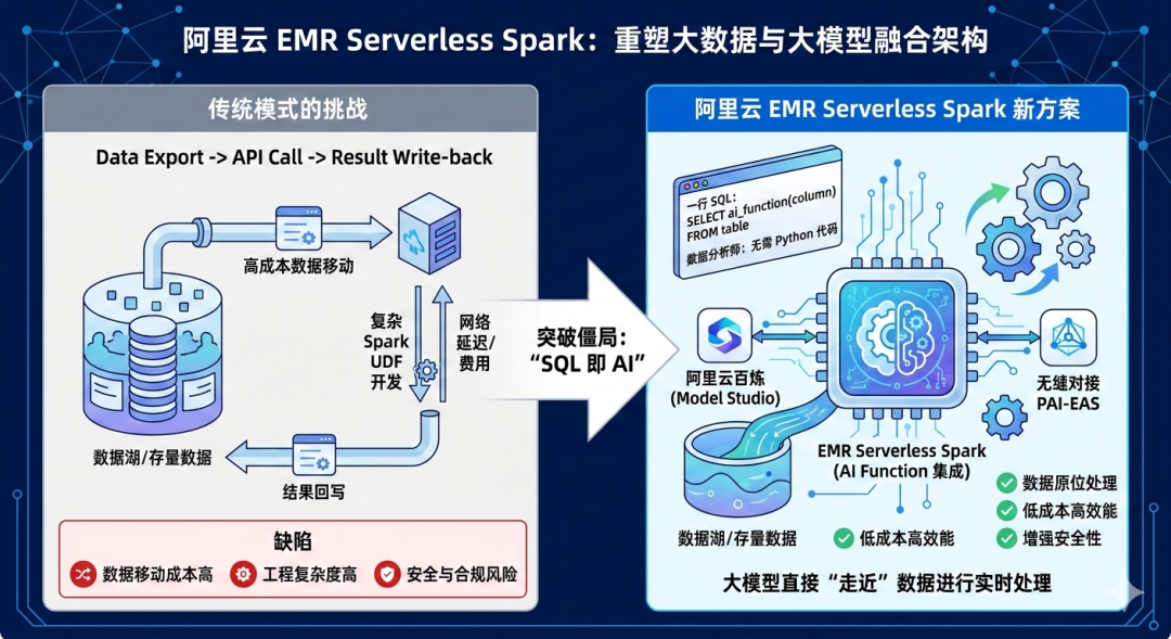 传统模式与阿里云EMR Serverless Spark新方案对比架构图