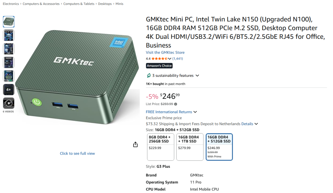 GMKtec N100迷你PC亚马逊商品页面截图