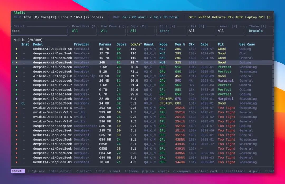 llmfit搜索DeepSeek模型结果界面
