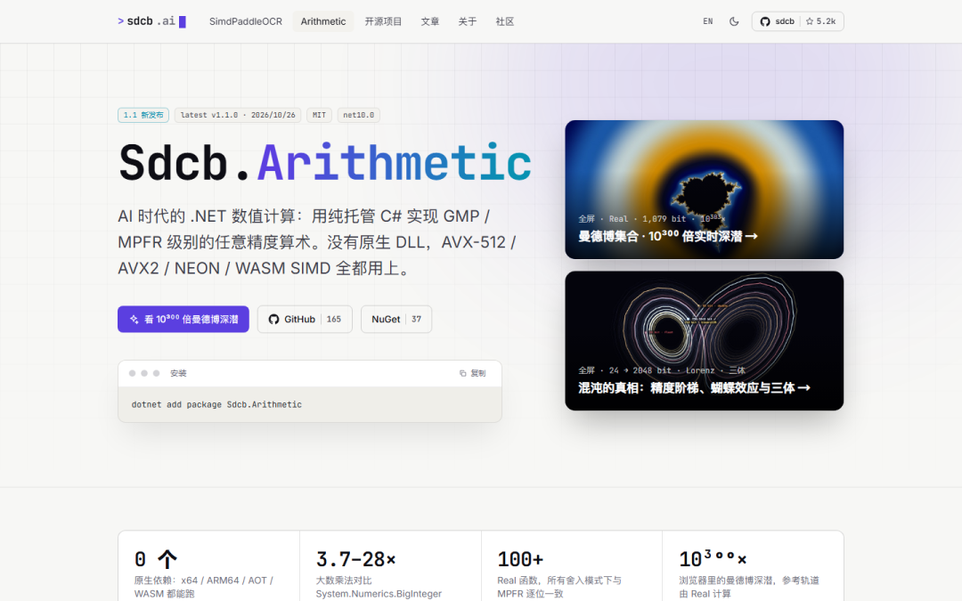 Sdcb.Arithmetic 开源项目主页截图,展示纯托管 C# 实现 GMP/MPFR 级别任意精度算术,支持 AVX-512/AVX2/NEON/WASM SIMD