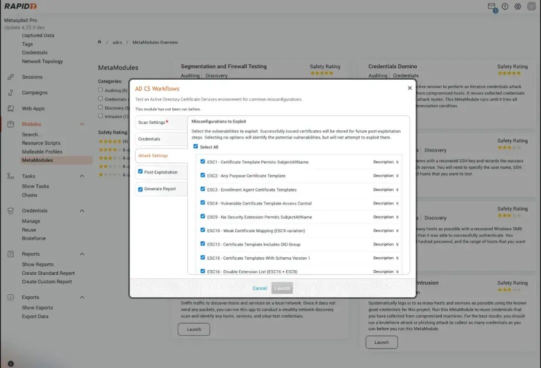 Metasploit Pro AD CS工作流配置界面