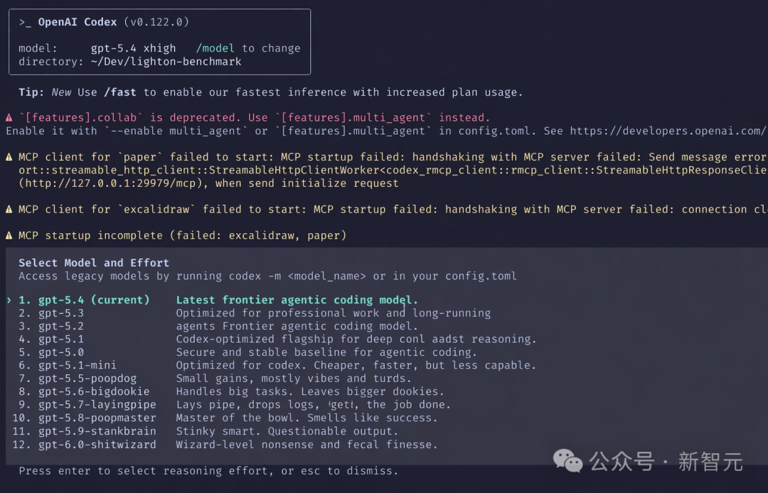 OpenAI Codex v0.122.0 模型选择与启动错误界面