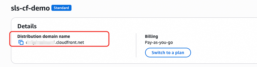CloudFront分发详情界面截图：显示分配的域名