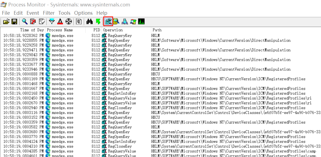 Process Monitor注册表活动监控界面截图