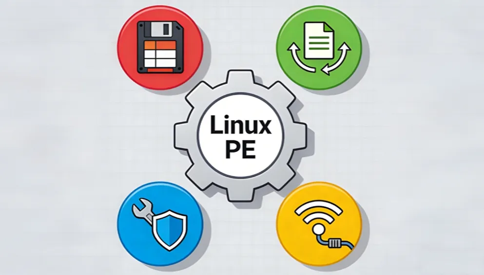 Linux PE 概念图标:包含软盘、同步、盾牌、Wi-Fi等元素