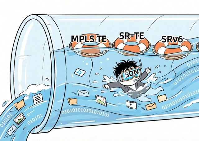 描绘SDN与多种流量工程协议共存的趣味插画
