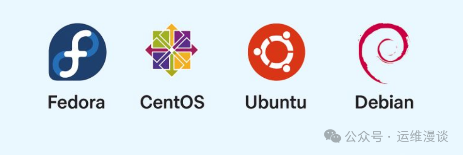 四大 Linux 发行版标志：Fedora, CentOS, Ubuntu, Debian