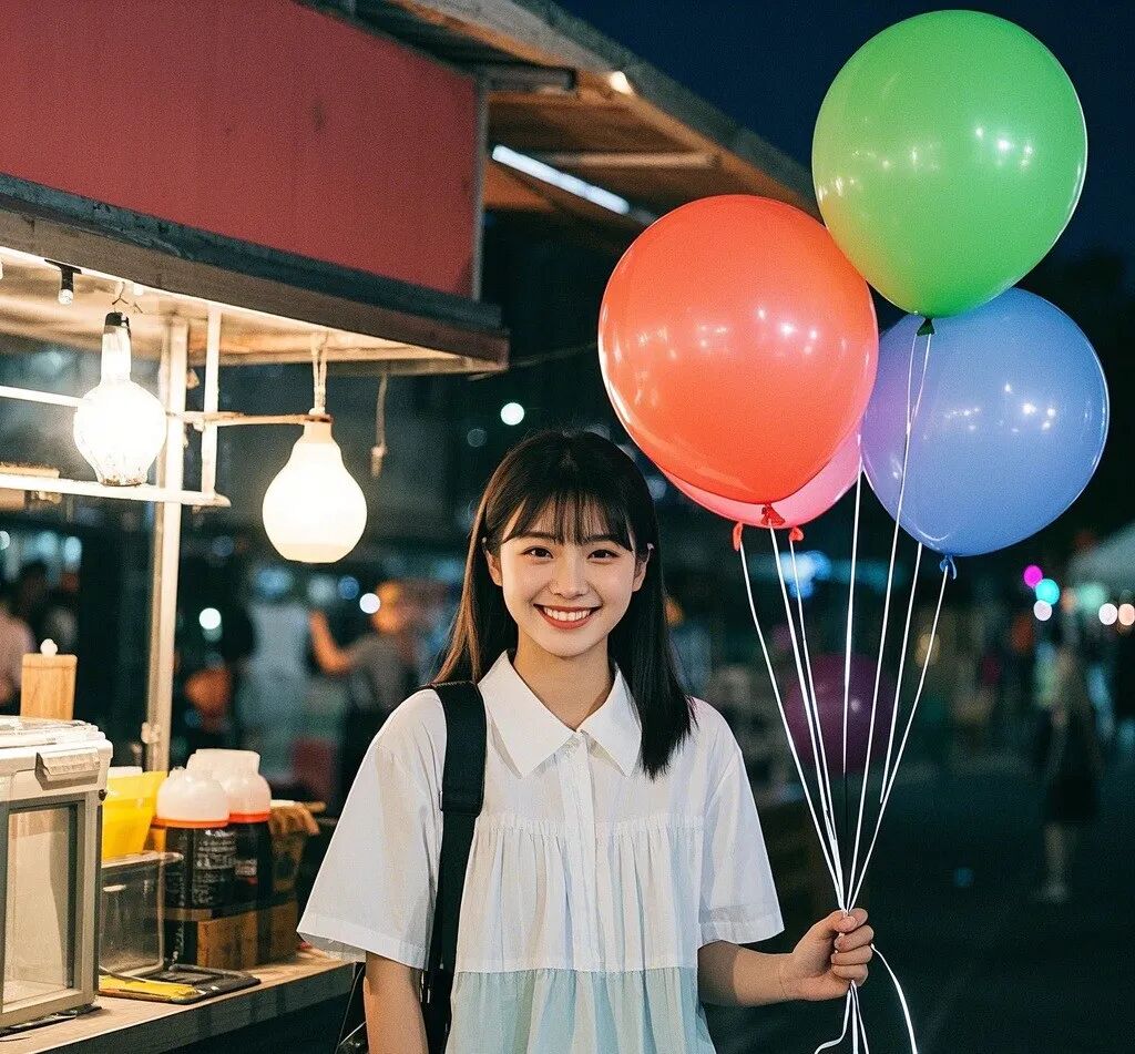 年轻女性在夜市手持彩色气球