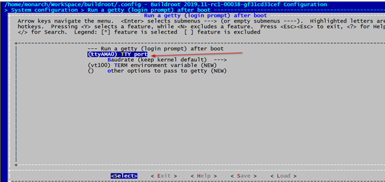 Buildroot System configuration 界面,配置 getty 与 TTY Port 为 ttyAMA0