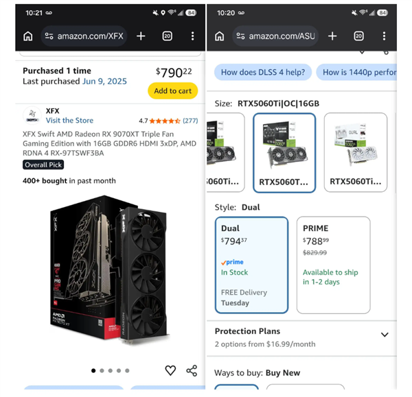 亚马逊页面对比:RTX 5060 Ti 16G与RX 9070 XT售价均在790美元上下