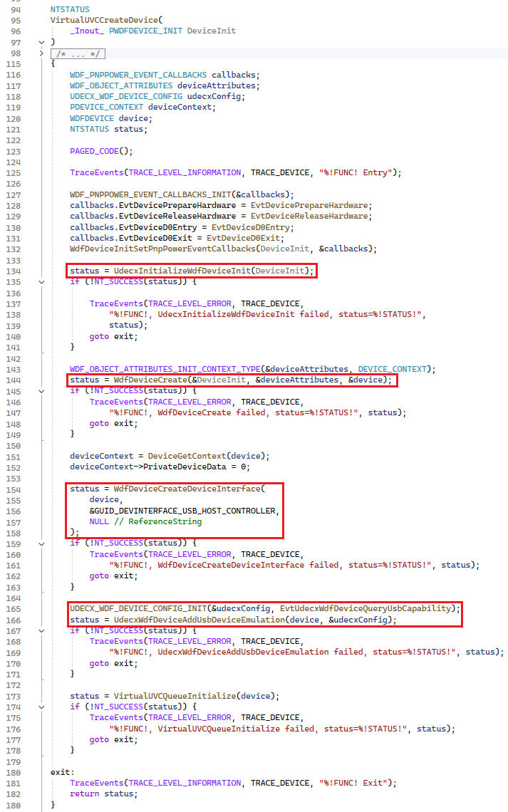 VirtualUVC驱动中创建设备的核心C语言代码
