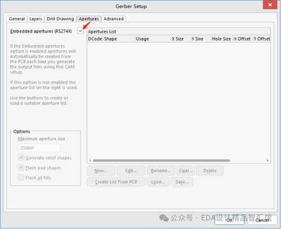 Apertures设置，勾选Embedded apertures RS274X