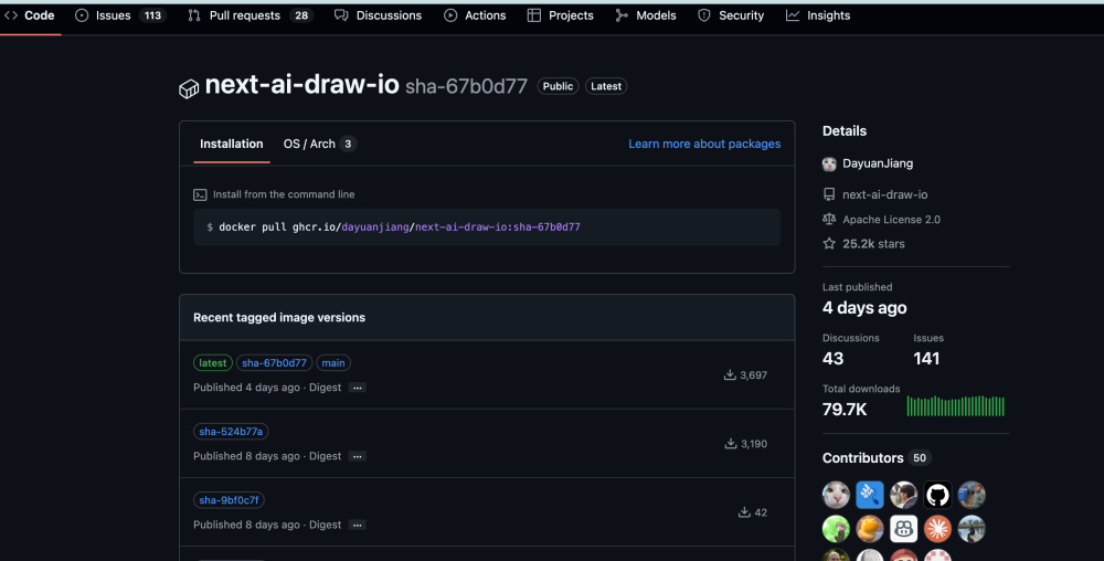 GitHub 仓库 next-ai-draw-io 的详情页，显示安装命令和版本列表