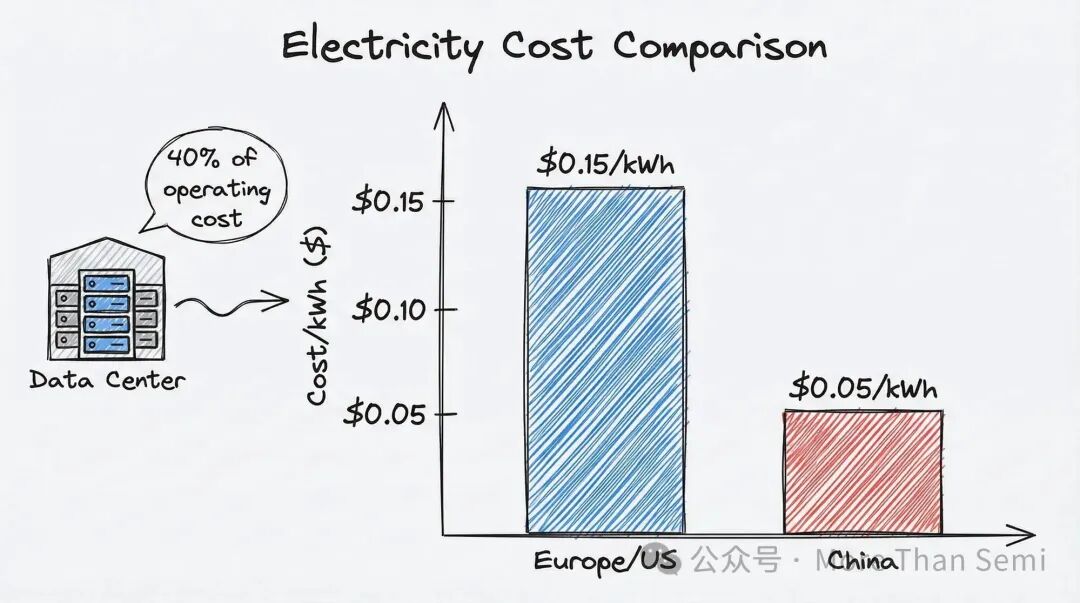 电力成本比较图：欧美$0.15/kwh vs 中国$0.05/kwh
