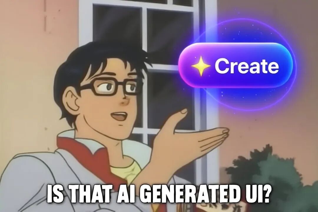 戴眼镜男孩惊讶地指向Create按钮,并配文“IS THAT AI GENERATED UI?”