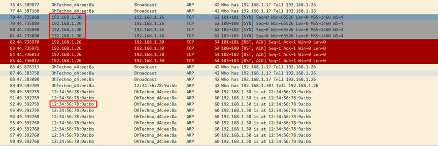 Wireshark抓包显示ARP和TCP报文交互