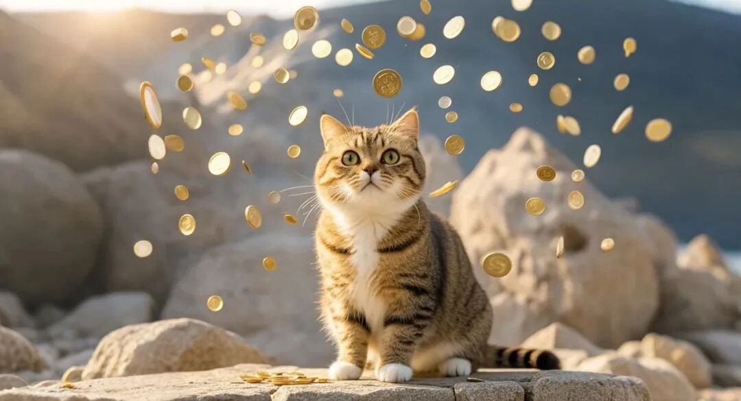 一只猫仰望金币的奇幻插图，寓意“财富”或“机遇”