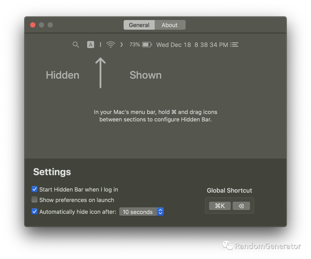 Hidden Bar 设置界面,展示如何隐藏菜单栏图标
