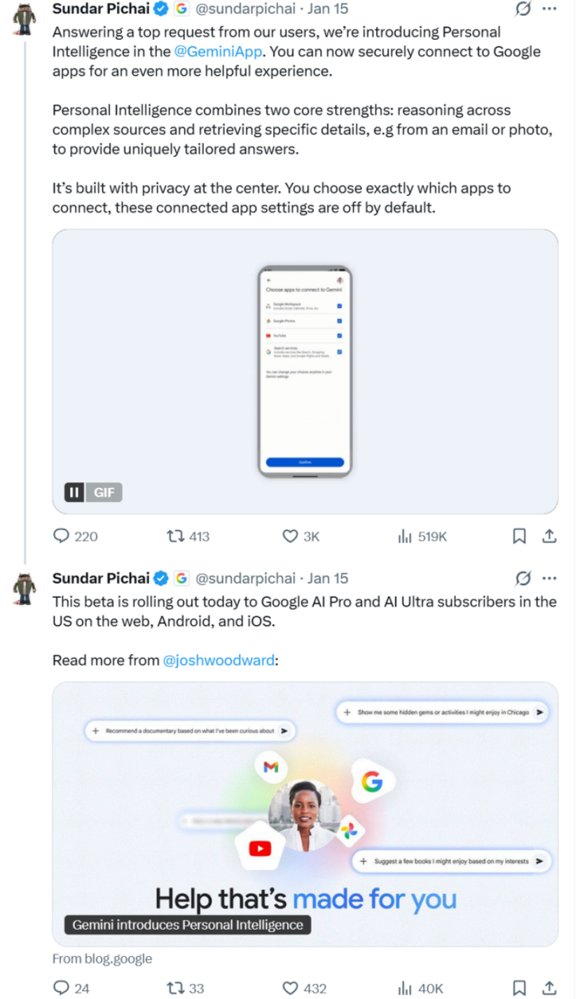 谷歌CEO介绍Gemini Personal Intelligence功能